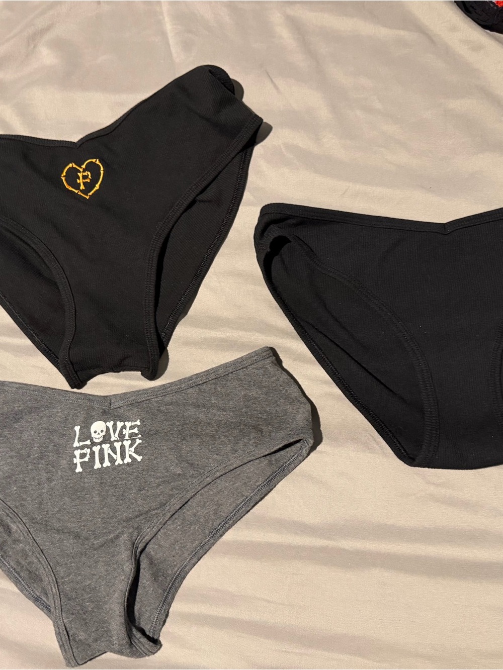 PINK Victoria's Secret Black & Gray Logo Cotton Bikini Panties - Set of 3